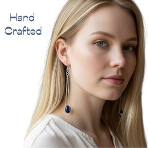 Hand Crafted Navy Glass Bead W Long Silver Chain Earrings NWT